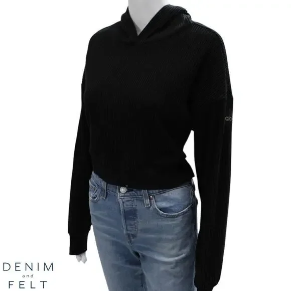 Alo Yoga Muse Hoodie Black Cropped Ribbed Lounge Sweatshirt XS Soft Plush Studio